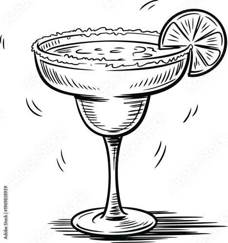 Margarita cocktail glass with salted rim and lime slice classic tequila drink illustration
