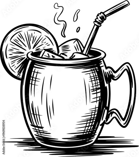 Copper mug with iced cocktail, citrus slice garnish, and straw, refreshing summer drink illustration