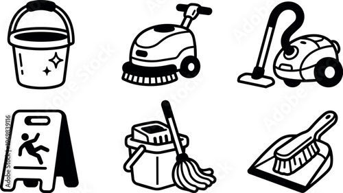 Black and white line art cleaning tools bucket mop vacuum and caution sign