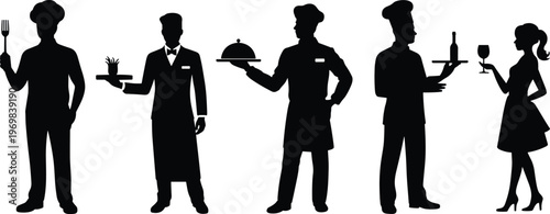 Professional silhouettes of diverse business people walking in suits and formal attire representing a corporate team commuting or traveling for work in side view.