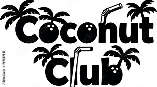 Black and white coco hut club lettering with palm trees and straws vector art
