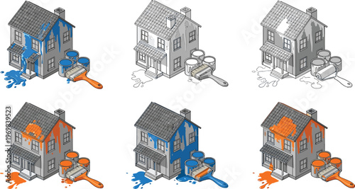 House Painting Progression Illustration with Brush, Roller, and Paint Splashes for Home Renovation, DIY, and Interior Design Projects