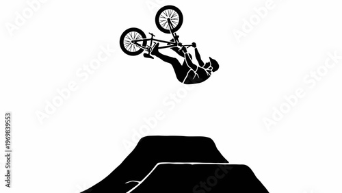 BMX Rider Performing Aerial Flip Trick Over Dirt Jump Ramp Silhouette