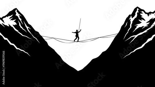 Silhouette of a person tightrope walking between two mountains, symbolizing risk and balance.