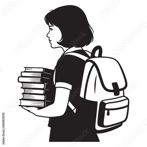 Student carrying books and backpack with back to school with young person with stack of books with carrying heavy with student life with black and white