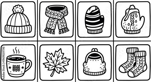 Winter hat scarf mittens hot drink and autumn leaf