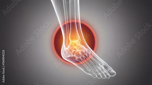 Ankle joint pain with highlighted inflammation and skeleton, medical illustration of ankle bone and foot with glowing red spot around painful area
