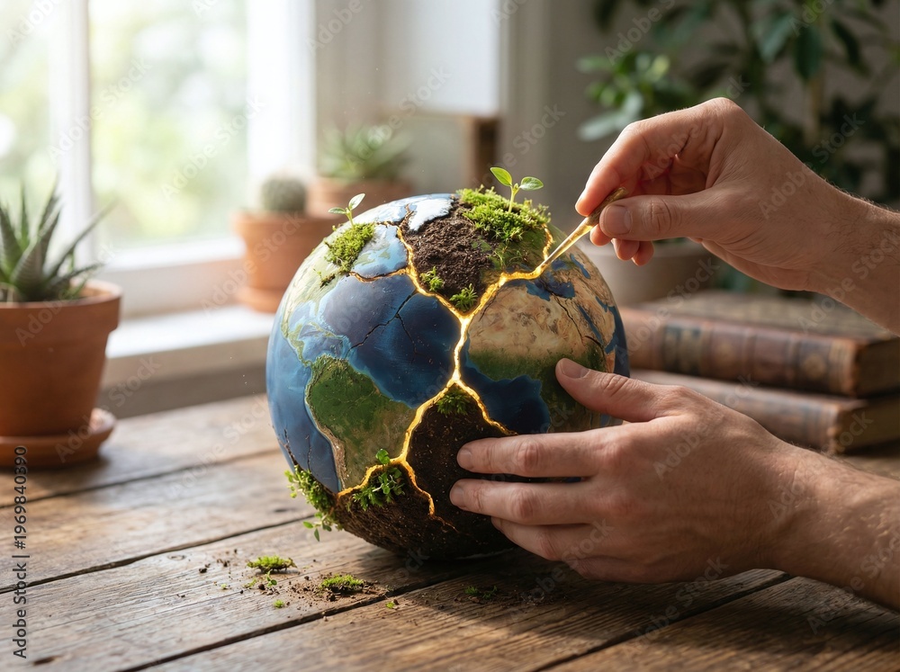 Fototapeta premium Hands meticulously repair a fractured Earth globe with golden lines, symbolizing profound environmental healing, global restoration, and the crucial journey towards a sustainable future