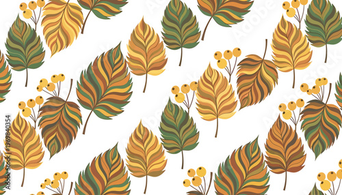 Autumn pattern with stylized leaves and berries scattered on white backdrop design.