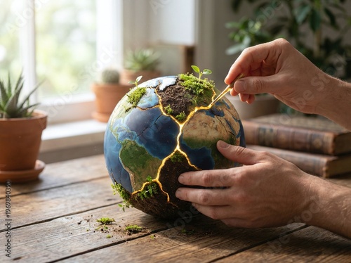 Hands meticulously repair a fractured Earth globe with golden lines, symbolizing profound environmental healing, global restoration, and the crucial journey towards a sustainable future