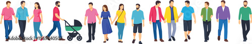 Flat vector illustration of diverse people walking forward holding hands and pushing a baby stroller isolated on white background for urban lifestyle concept