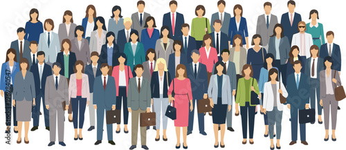 Flat vector illustration of a large group of diverse business people professionals and corporate employees standing together in formal suits for teamwork and community concept