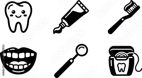 Dental care icons with smiling tooth floss toothbrush and mouth
