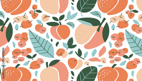 Fresh peach and mango fruit pattern with green teal leaves on clean white backdrop.