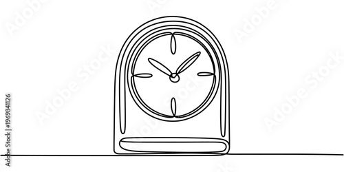 A continuous line drawing of a classic mantel clock sitting on a flat surface in black and white