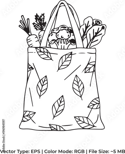 Plastic Free Fabric Bag Doodle - Minimalist Zero Waste Shopping Illustration