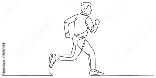 A continuous single line drawing of a person running forward with energy and great momentum now.