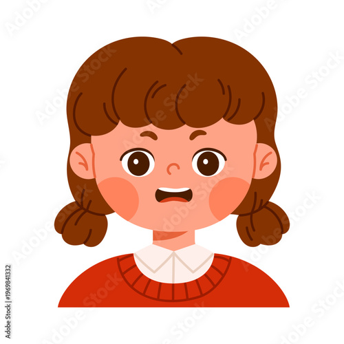Cute worried girl character with anxious facial expression. Concerned child avatar with open mouth. Emotional reaction concept. Kid apps and emotions education concept. Isolated vector illustration