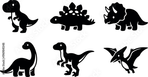 Black silhouette dinosaurs set with tyrannosaurus stegosaurus triceratops brachiosaurus velociraptor and pterodactyl