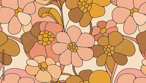 Sixties flower power print with large funky petals in warm peach and terracotta hue.
