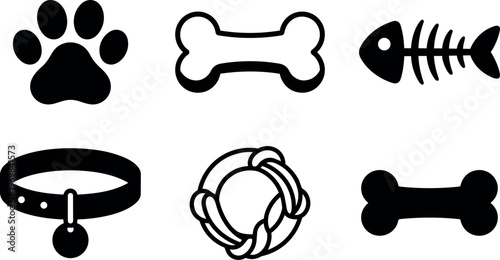 Black and white dog paw bone collar fishbone and chew toy icons