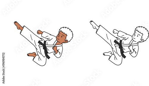 Cute boy performing martial arts flying kick in white gi and black belt, colored and line art outline versions for coloring book.