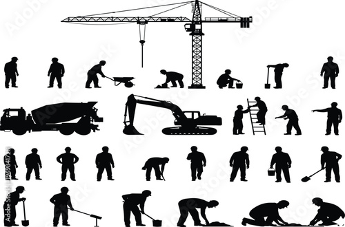 Black silhouette set of construction workers, heavy machinery, tower crane, excavators, and cement trucks isolated on white background for industrial building site vector design