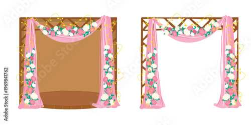Wedding Arch with Pink Drapery and Spring Flowers, Wooden Pergola Floral Decoration