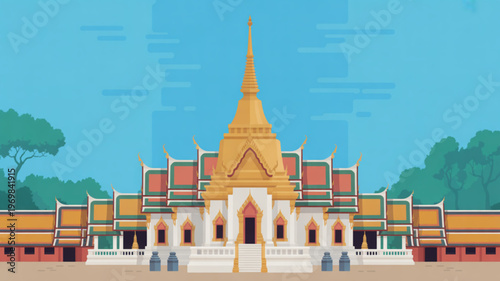 Ornate southeast asian temple with golden spire and colorful roof tiles under blue sky