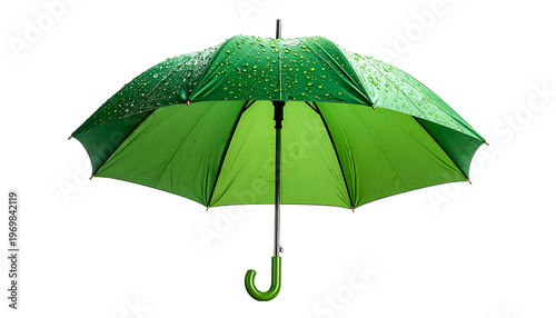 Opened green umbrella against black background, showing rain droplets on top surface