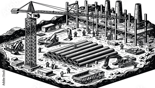Black and white isometric engraving illustration of a construction site with tower crane, excavators, workers, industrial pipes, and scaffolding for building project design.