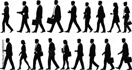 Professional business people silhouettes in suits walking with briefcases and bags in side view, representing diverse corporate team members commuting or going to work.