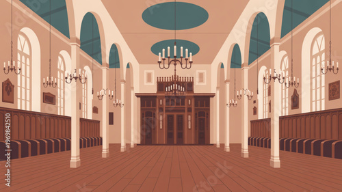 Interior of a large empty hall with arched windows chandeliers and a balcony