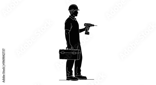 May Day Construction worker, laborer, technician, drill, toolbox, silhouette, black and white Vector