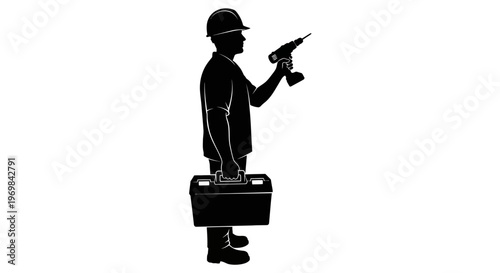 May Day Black silhouette construction worker, tool belt, drill, industrial icon, laborer, worker Vector