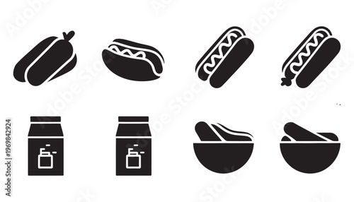 Hot dog and condiment icons set in black solid style for fast food.