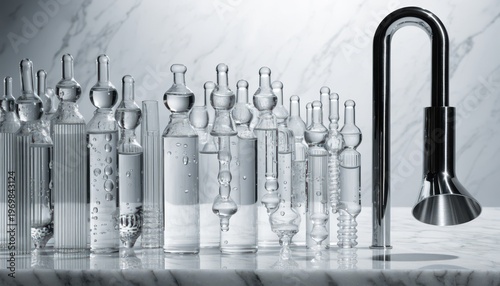 Collection of glass ampoules filled with clear liquid alongside a modern faucet on marble