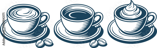 Three stylized coffee cups with saucers and coffee beans in a dark blue linocut style