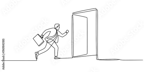 A continuous line drawing of a businessman running quickly through an open door for new success