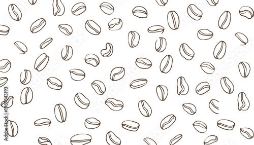 Scattered coffee beans outline pattern over white background for cafe branding design.