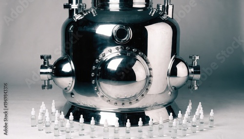 Large polished industrial vessel with rows of small liquid filled vials