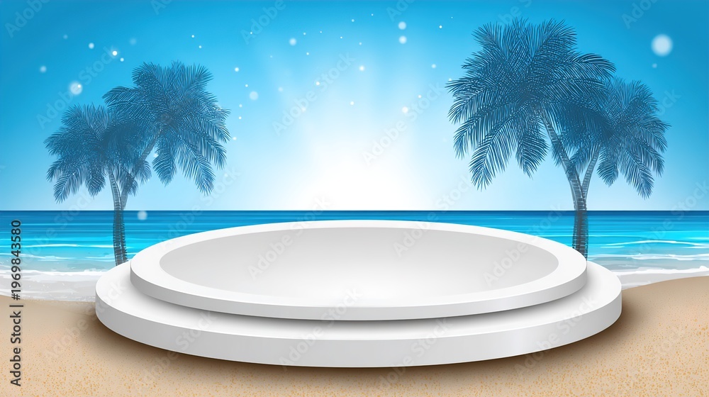Fototapeta premium A serene beach scene with a white circular platform and palm trees