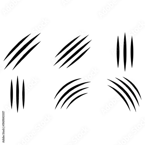 Collection of abstract black scratch and claw mark vector graphic illustrations perfect for spooky Halloween designs.