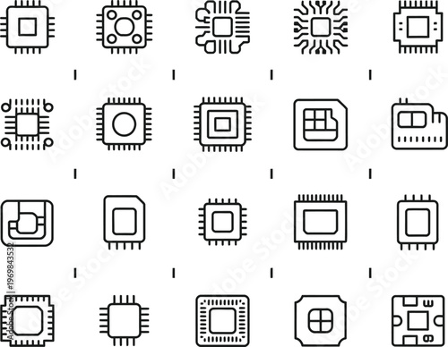 Vector Set of Integrated Circuit Icons Featuring Microchip CPU Processor Hardware Technology and Electronic Components for Digital Computing and Semiconductor Manufacturing Industry Designs