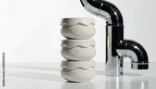 Stack of white ceramic bowls next to a modern chrome faucet