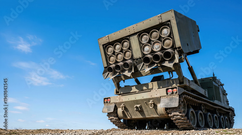 A military vehicle with a missile launcher stands on open ground. The vehicle faces upward, showing launch tubes against a blue sky. It is likely used for defense or military operations