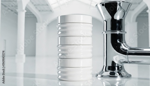 Stacked white cosmetic containers and chrome faucet in a bright architectural space