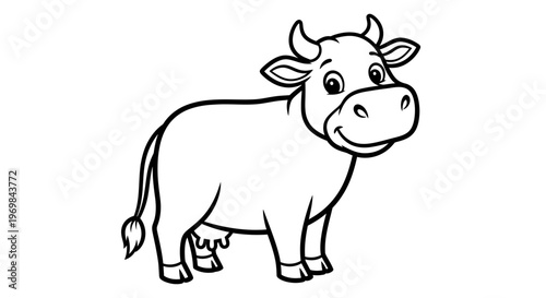 Charming Cartoon Cow Illustration for Children's Books and Educational Content Depicting a Friendly Farm Animal with a Gentle Expression Ideal for Coloring Pages and Farm Themed Graphics.