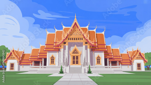 Traditional thai temple with orange roof and white walls under blue sky