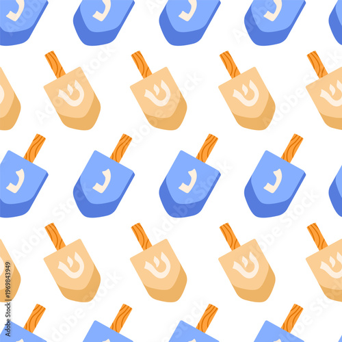 Seamless pattern of dreidels with Hebrew letters. Four-sided spinning tops. Traditional Hanukkah toy used in Jewish holiday game. Wooden design. Flat vector illustration  on white background